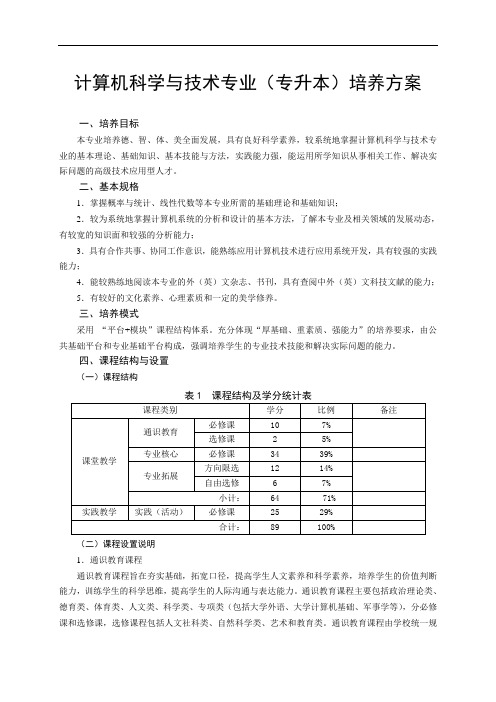 计算机科学与技术专业(专升本)培养方案