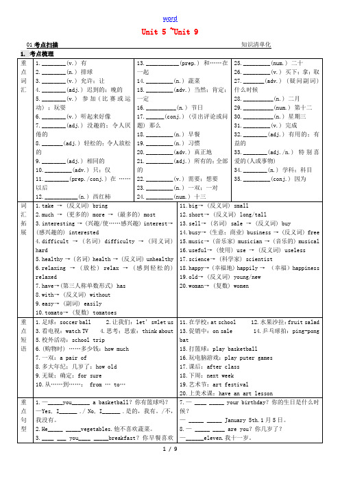 【火线100天】2015中考英语 第一部分 教材同步复习篇 第二课时 七上 Unit5-Unit9