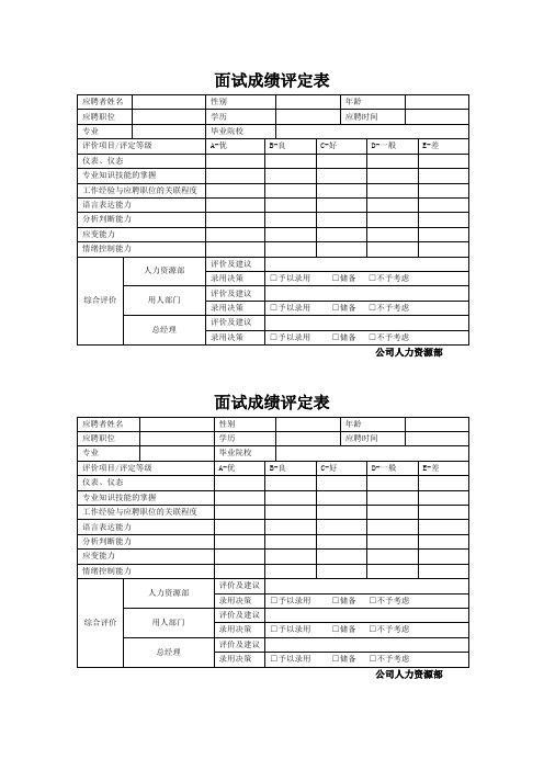 面试成绩评定表