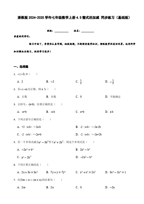 浙教版2024-2025学年七年级数学上册4.5整式的加减同步练习(基础版)(附答案)