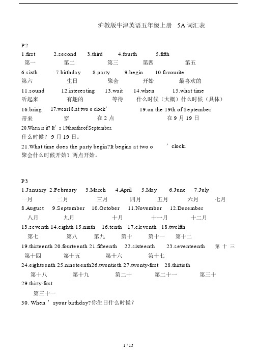 沪教版本牛津英语小学五年级的上册的5A词优选汇实用表.docx