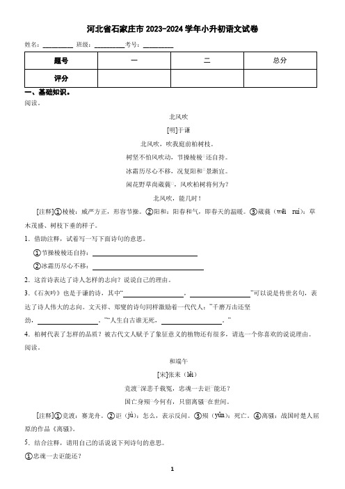 河北省石家庄市2023-2024学年小升初语文试卷(含答案)