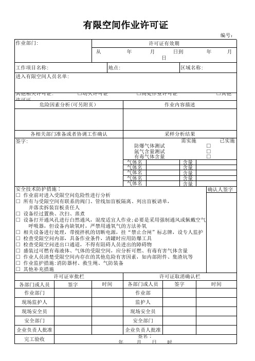 有限空间作业许可证