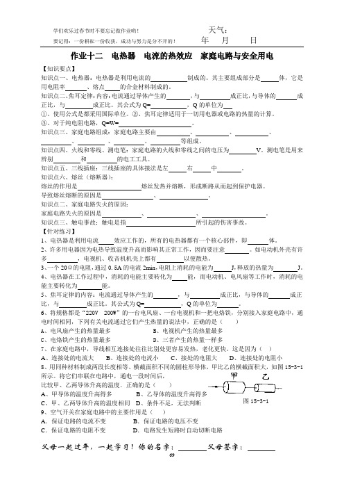 物理寒假自主作业十二电热器、电流的热效应、家庭电路与安全用电