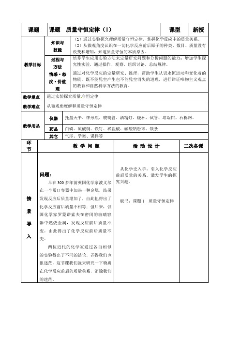 九年级化学上册-课题1 质量守恒定律(第1课时)教案