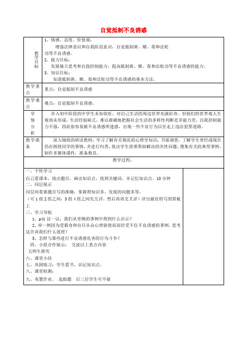 七年级政治下册《第15课 抵制不良诱惑 预防违法犯罪》自觉抵制不良诱惑教案 鲁教版