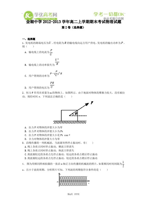江苏省金湖中学2012-2013学年高二上学期期末考试物理试题 Word版含答案