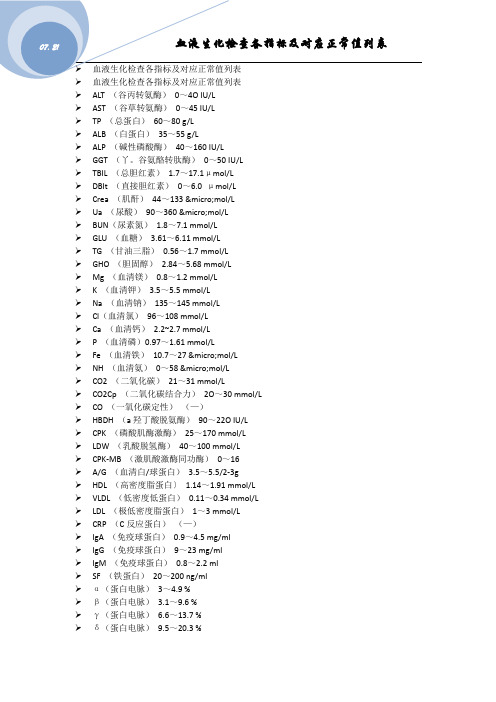 血液生化检查各指标及对应正常列表