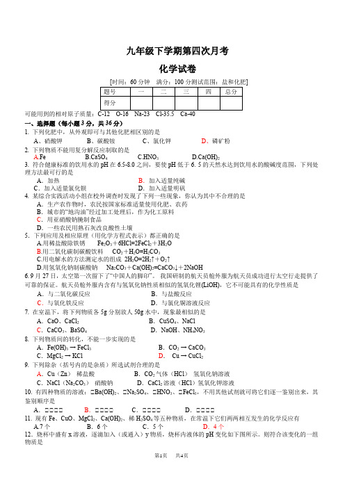 九年级下学期第四次月考化学试卷