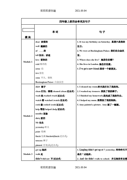 外研版一年级起点小学英语四年级上册四会单词及句子之欧阳理创编