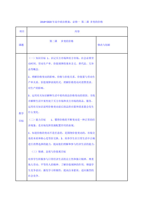 人教版高中政治必修1第一单元 生活与消费第二课 多变的价格教案(2)