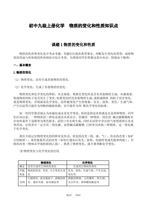 初中九年级上册化学  物质的变化和性质知识点