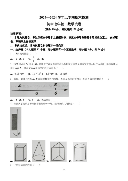 云南省昆明市2023-2024学年七年级上学期期末数学试题(含答案)