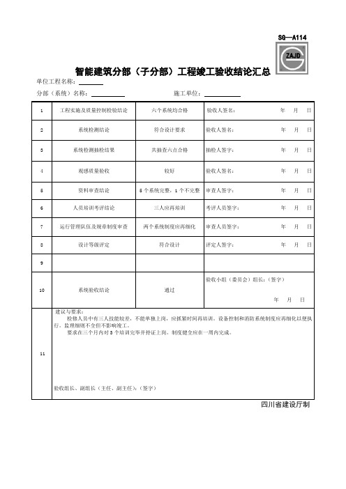 SG-A114智能建筑分部(子分部)工程竣工验收结论汇总