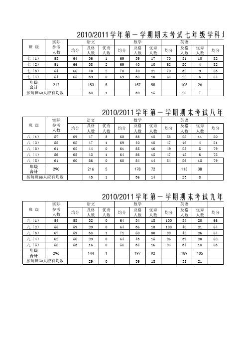 2010-2011学年(上)期末考试成绩统计