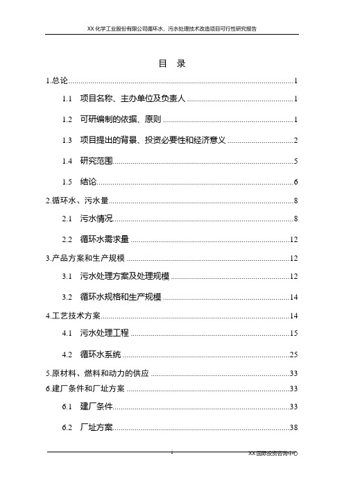 某化学工业股份有限公司循环水、污水处理技术改造项目投资建设可行性分析研究论证报告