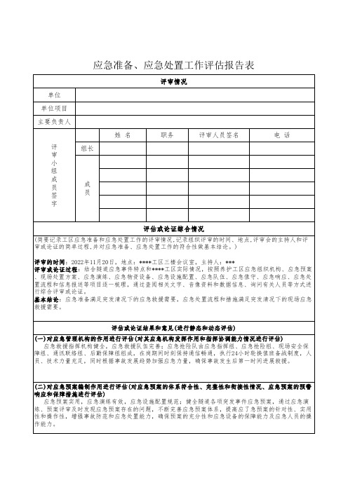 应急准备、应急处置工作评估报告表