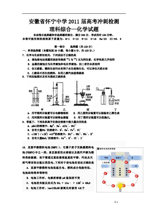 安徽省怀宁中学2011届高考冲刺检测理科综合