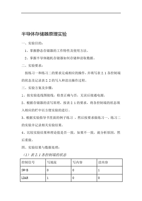 计算机组成原理实验报告二 半导体存储器原理实验