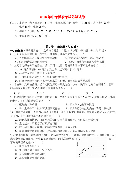 湖北省鄂州市中考化学模拟考试试题