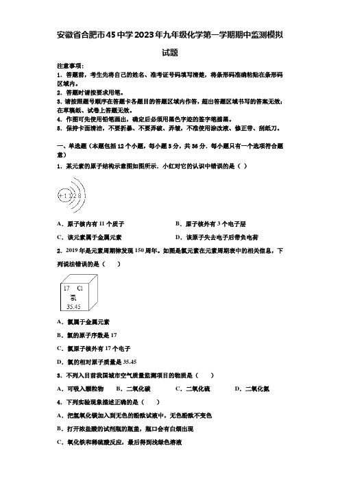 安徽省合肥市45中学2023年九年级化学第一学期期中监测模拟试题含解析