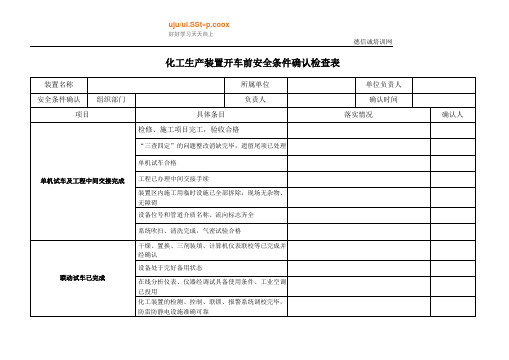 化工生产装置开车前安全条件确认检查表