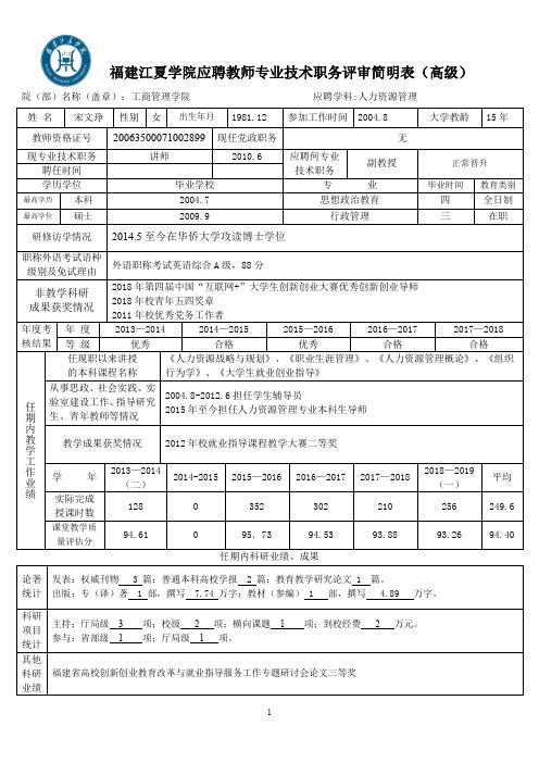 福建江夏学院应聘教师专业技术职务评审简明表(高级)