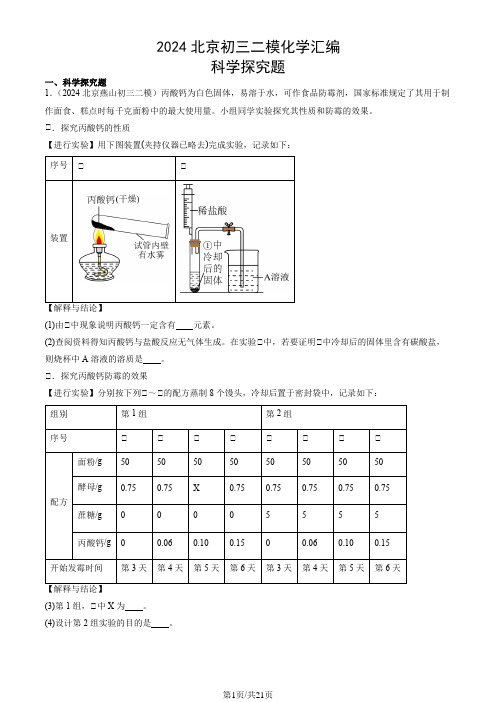 2024北京初三二模化学汇编：科学探究题