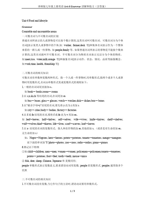 译林版七年级上册英语Unit 6 Grammar讲解和练习(含答案)