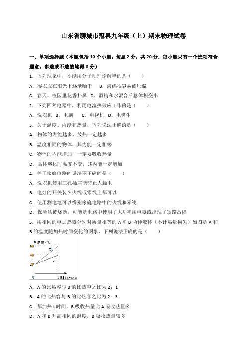 山东省聊城市冠县九年级上学期期末考试物理试卷