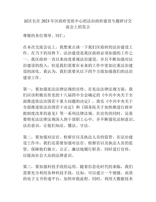 副区长在2023年区政府党组中心组法治政府建设专题研讨交流会上的发言