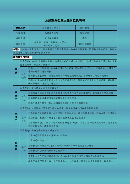 总经理办公室主任岗位说明书