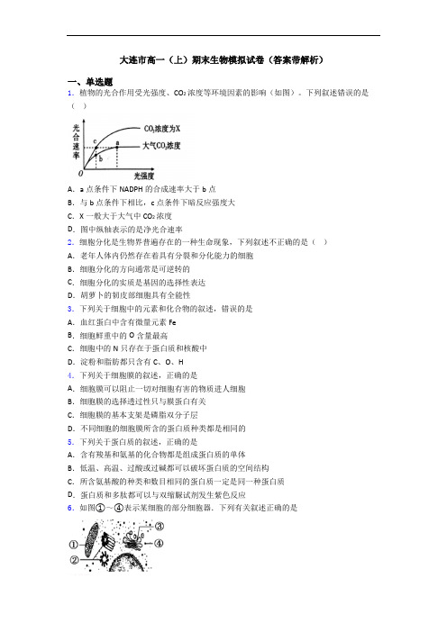 大连市高一(上)期末生物模拟试卷(答案带解析)