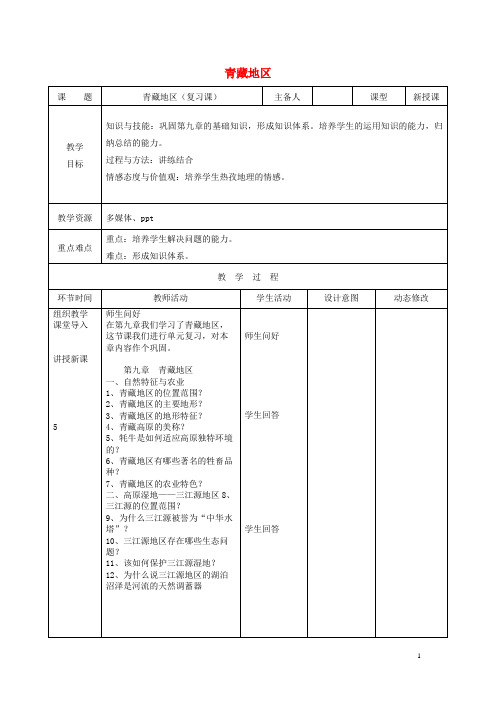 辛集市第四中学八年级地理下册 第九章 青藏复习教案 新人教版