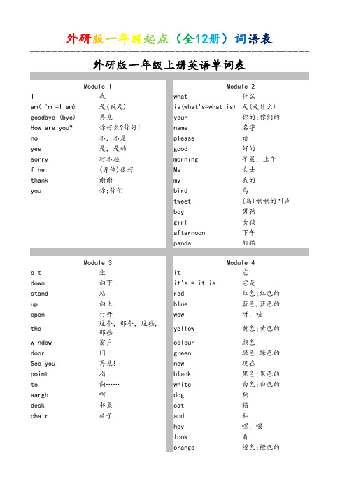 外研版一至六年级英语单词表(一年级起点)(全12册)