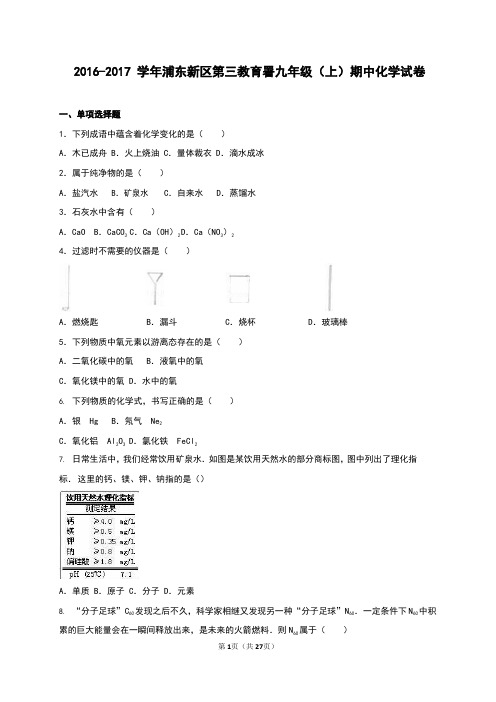 浦东新区第三教育署2016-2017学年九年级(上)期中化学试卷(解析版)