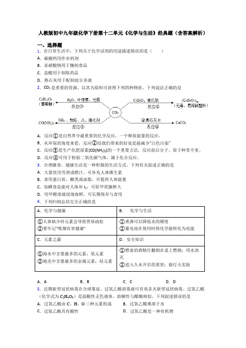 人教版初中九年级化学下册第十二单元《化学与生活》经典题(含答案解析)