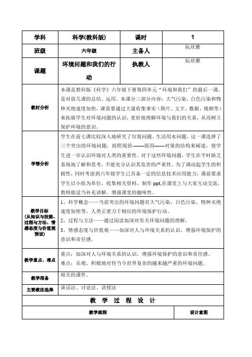 6年级科学教案小学科学六年级下册 环境问题和我们的行动市赛一等奖