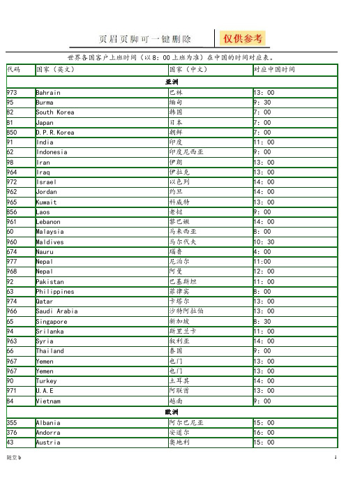 世界各国上班时间对照表(随堂教学)