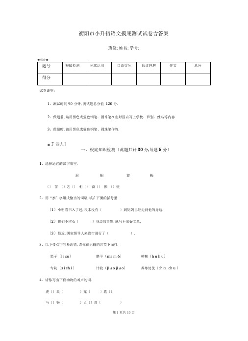 衡阳市小升初语文摸底考试试卷含答案