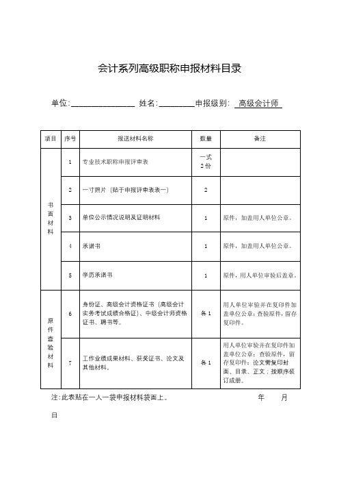 会计系列高级职称申报材料目录【模板】