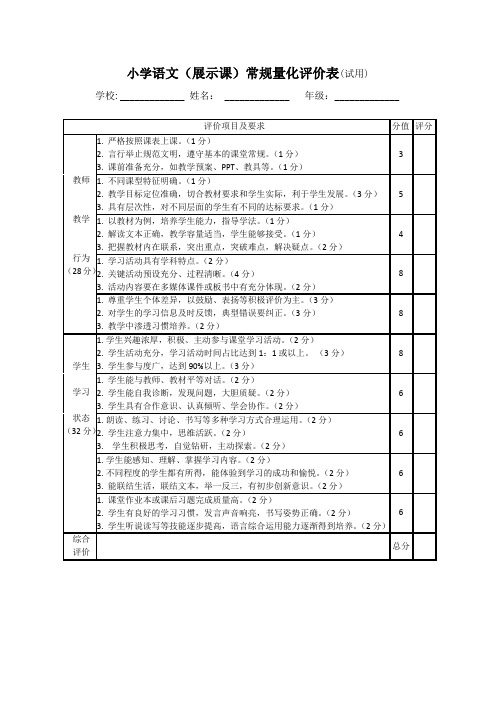 小学语文(展示课)常规量化评价表