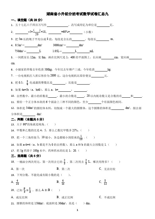 湖南省小升初分班考试数学试卷汇总九(含答案)