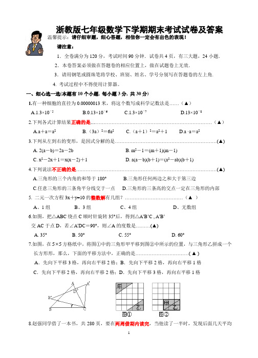 浙教版七年级数学下学期期末考试试卷及答案四