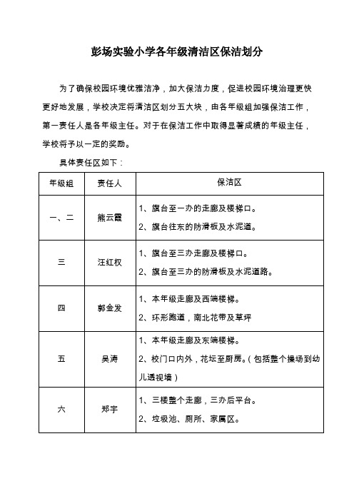 彭场实验小学各年级清洁区保洁划分