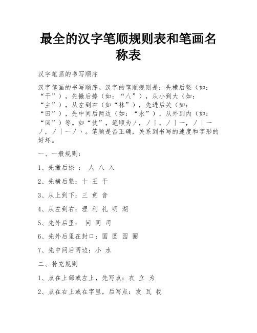 最全的汉字笔顺规则表和笔画名称表