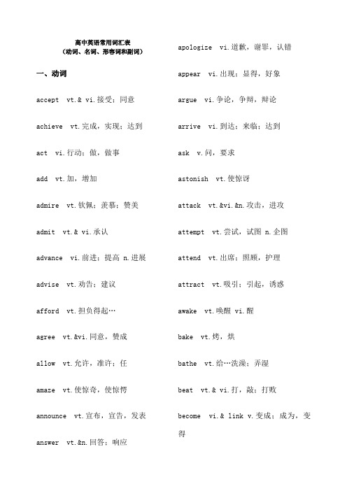 高中英语常用词汇表 动词 名词 形容词和副词 