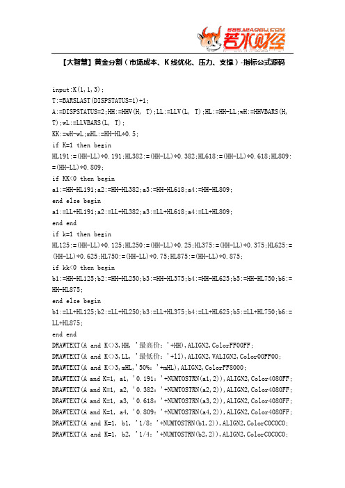 【股票指标公式下载】-【大智慧】黄金分割(市场成本、K线优化、压力、支撑)