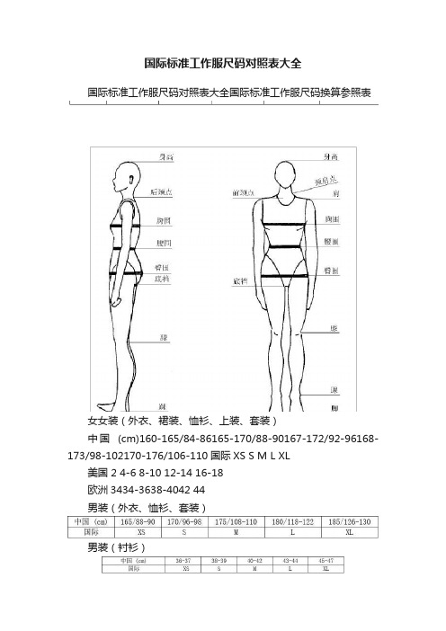 国际标准工作服尺码对照表大全