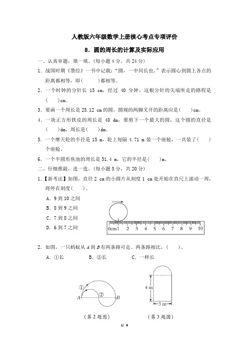 人教版六年级数学上册第5单元 圆的周长的计算及实际应用 同步练习附答案